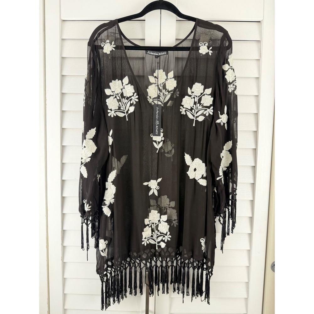 Bohemian Bones Black Embroidered Fringe‎ Tunic Cover Up Top L NWT